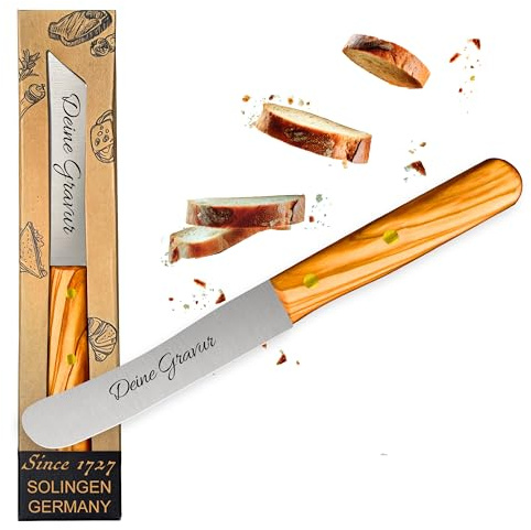 Personalisiertes Frühstücksmesser Solingen mit Holzgriff (Olive, 1x Glattschliff)