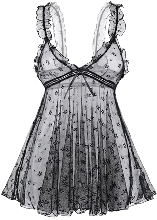 KFLY Babydoll Lingerie Set Dress for Women Flower Print Polka Dots Bowknot Nightwear Sexy See Through Lace V Neck Sleepwear Nightdress with Cutout Thong(Black