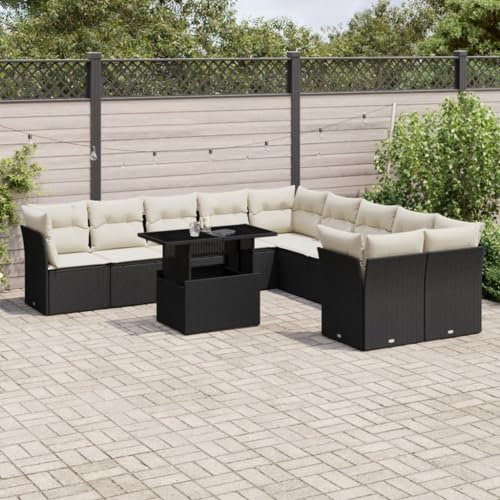 Rantry 11-TLG. Garten-Sofagarnitur mit Kissen Balkonmöbel Gartensofa Gartenmöbel Set Loungesofa Modular Terrassensofa Sitzgruppe mit Tisch Terrassenmöbel Schwarz und Cremeweiß Poly Rattan