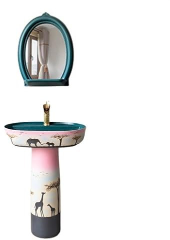Lavabo Salle de Bain Lavabo sur pied coloré de luxe léger, lavabo de salle de bain sur pied en céramique rétro, lavabo à colonne en deux pièces avec trou de robinet unique Évier Lave Main(D)
