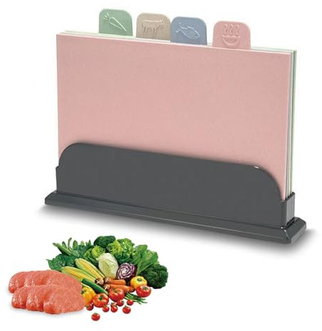DAWRIS Schneidebrett Set mit Ständer 4 Farben Schneidebretter Kunststoff mit Lebensmitteletiketten zum Sortieren Küchenbrett Hygienisch Chopping Cutting Board Plastik Küchen Schneidbrett Weizenstroh