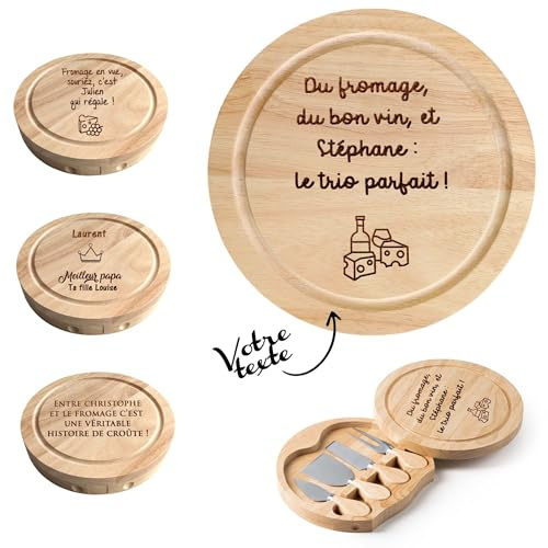 KDO MAGIC - Service à fromage personnalisé 4 Ustensiles (Apéro) | Idée cadeau homme, noël, fête des pères, anniversaire | Planche à découper en bois | Coffret apéro personnalisable gravé