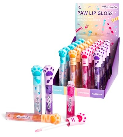 MARTINELIA - Lipgloss mit Katzenpfote für Kinder – aromatisierter Lipgloss für Mädchen – ungiftiges Kinder-Make-up – zufälliges Modell Kokosnuss, Pfirsich, Erdbeere & Blaubeere – 1 Stück
