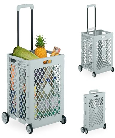 Relaxdays Carrito de Compra Plegable, Carro con Ruedas para Comprar, Resiste 25 kg, Mango Telescópico, Caja Alta, Gris