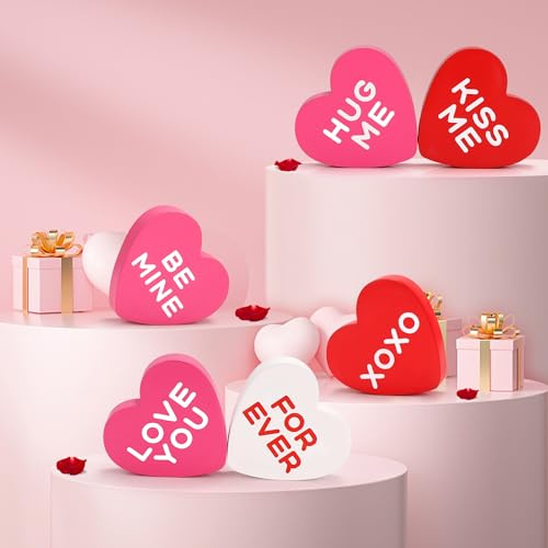 Lot de 6 panneaux en bois pour Saint-Valentin, décoration en forme de cœur, centre de table pour plateau à niveaux, maison, cuisine, salon rustique, étagère, mariage, fête (rouge, rose et blanc)