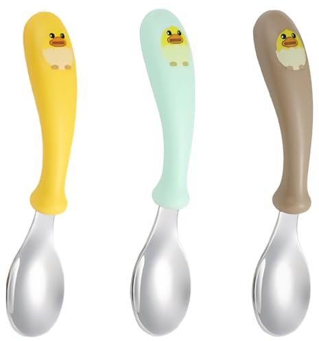XENQITO 3 Pezzi di Posate in Acciaio Inossidabile e Silicone per Bambini e Neonati, Posate Bambini, Cucchiaio Svezzamento, Cucchiai Posate per Bambini BPA Free con Manico in Silicone Anti-Soffocamento