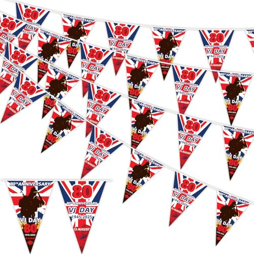 AhfuLife VJ Day Flag Bunting for 80th Anniversary 2025 Decorations, 6m-16 Pcs 80 Years VJ Day Cloth Flag Bunting Party Decorations Banner for 80 Years Victory In Japan WW2 1945-2025 Decoration