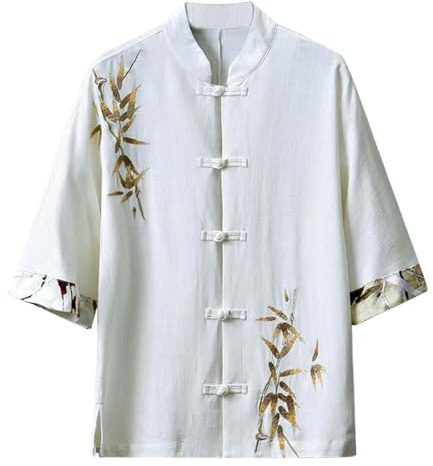 Générique Chemise à manches courtes pour homme Noir Traditionnel Asiatique Motif Bambou Broderie Or Col Montant Fermeture à Bouton Festive Méditation Kung-Fu Mode Hommes Confortable