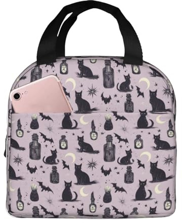 GVYGVY Lonchera aislada para mujeres y hombres, bolsa de almuerzo pequeña con estampado de gato negro de Halloween, bolsa térmica para adultos, bolsa térmica para el trabajo, gimnasio, viajes, con