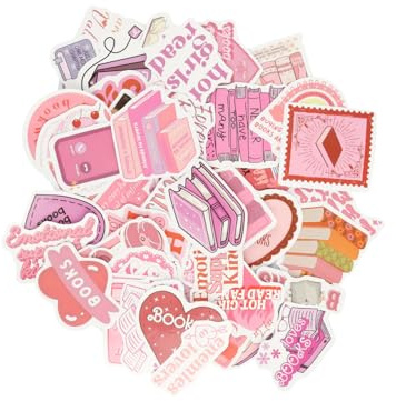 Bojueshaw 60Pcs Pink Aesthetic Stickers,Waterproof Vinyl Heart & Book-Themed Decals for Laptops,Water Bottles & Scrapbooking
