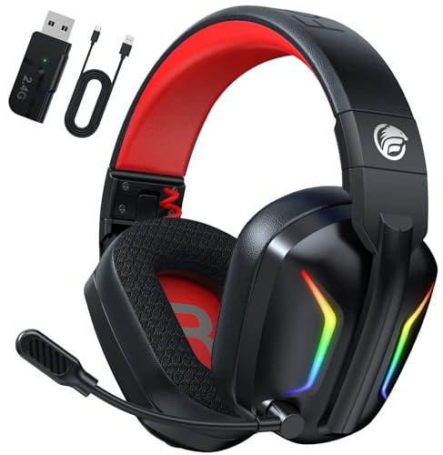 Fachixy FC-300 Gaming Headset mit Mikrofon, 2,4G Wireless Headset für PS5, PS4, PC, Switch, Mac, Surround Sound Faltbarer Bluetooth Gaming Kopfhörer kabellos mit LED Licht, Über 50H+ Akkulaufzeit