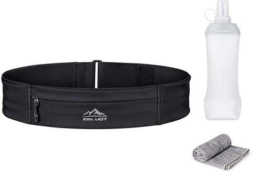 Zelvot Laufgürtel für Handy, Running Belt Wasserdicht mit 400ml Trinkflasche, Lauftasche Jogging mit 3 Taschen, Verlängerungsgurt & Sporthandtuch, Bauchtasche Joggen für Herren und Damen (Schwarz, S)