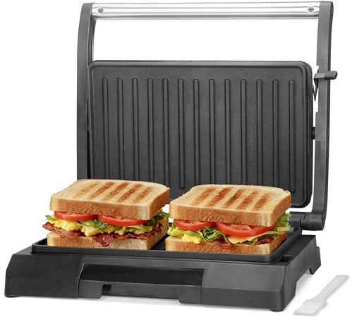 Baker's Friend 2 Slices of Mini Panini Press Electric Grill, Panini Grill Press Sandwich Maker Press, Sandwichera Electrical for Pancakes & Eggs, Oil Tray, Non Stick Surfaces, Stainless Steel