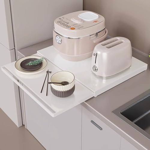 Microwave Pull Out Shelf Carbon Steel Kitchen Rack with Tray for Appliances Storage 18.3 x 14.2 x 1.6 Durable White Microwave Oven Stand