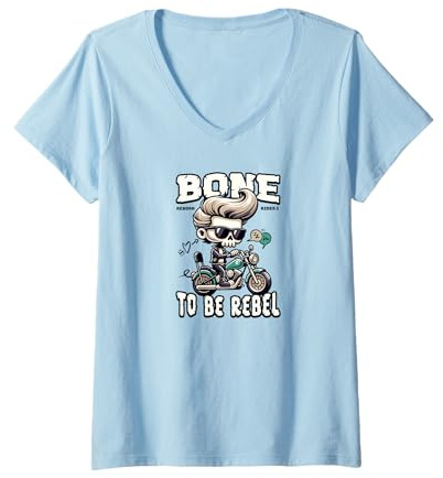 Womens Funny Skeleton Biker Motorcycle, Bone to Be Rebel Rocker V-Neck T-Shirt