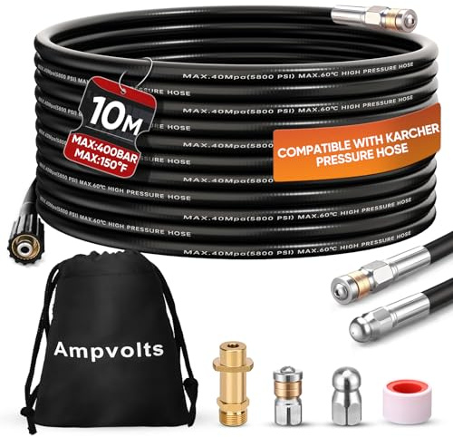 Ampvolts 10m Rohrreinigungsschlauch mit Messing Adapter – 400 Bar/5800 PSI, kompatibel mit Karcher K2 K3 K4 K5 K6 K7 Hochdruckreiniger Hochdruckreiniger, Abflussreinigung