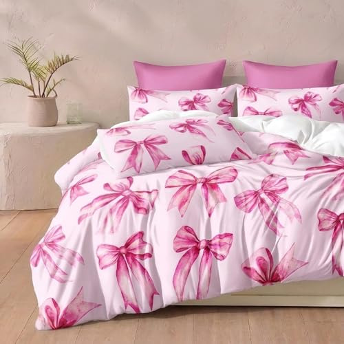 Herside Rosa rosett sängkläder set akvarell rosa rosett påslakanset enkel storlek flickor påslakan fluga design mjukt mikrofiber sängkläder överdragsset med dragkedja sovrum dekor