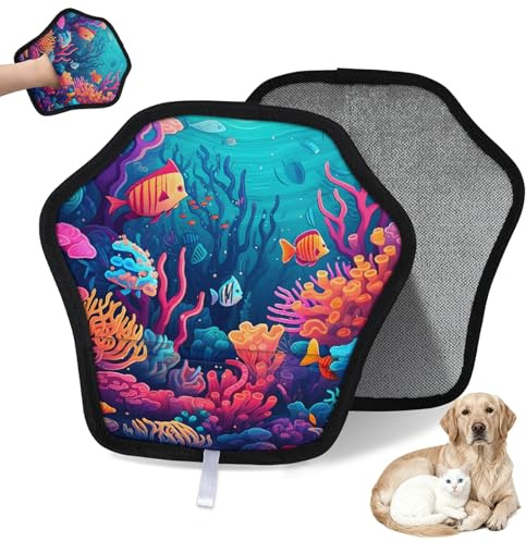 WowPrint Cartoon Oceans Submarine World Gant d'épilation d'animaux pour chat et chien Gants électrostatiques réutilisables Brosse Outil pour canapé, vêtements, tapis, meubles, siège de voiture