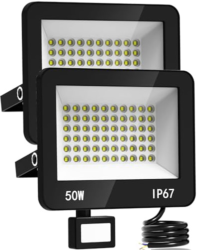 HAPYLUMI 2 PACK Focos LED Exterior con Sensor de Movimiento - 50W 5000LM Proyector LED Exterior 6500K Bianco Frío, Floodlight Iluminación IP67 para Casa, Garaje, Patio, Camino, Jardín