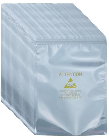 QUARKZMAN 100 Pcs Sacs Anti-Statiques 6.3 x 9.1 Sacs ESD Rechargeables avec Etiquettes pour Disque Dur HDD SSD Appareils Electroniques Cartes Meres, Gris Argent