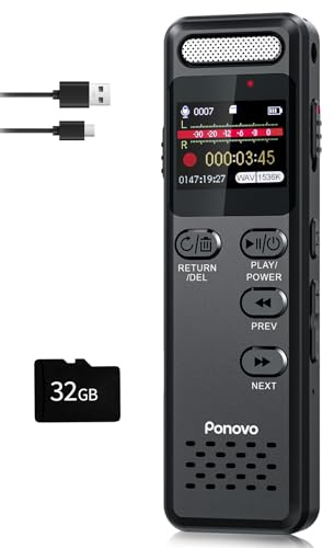 48GB Diktiergerät Digitaler, Ponovo Sprachaktivierter Audio Aufnahmegerät mit Externem Mikrofon und Wiedergabe, USB-C Tragbares Mini Diktiergerät mit Passwort für Interview Klassen Meeting Vortrag