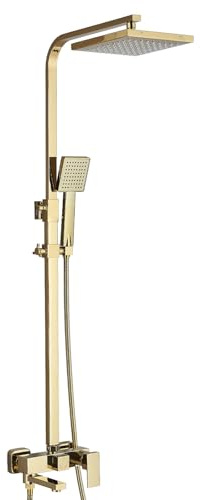 LLFFSSDG Colonne de douche multifonctionnelle dorée brossée avec robinet mitigeur hauteur réglable, douchette de pluie 20,3 cm et douche à main carrée système en laiton ancien