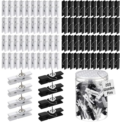 Affrolling 200 Pcs Push Pin with Wooden Clips Tacks Black White Classroom Decor for Cork Board Bulletin Board Colorful Thumb Tacks Wooden Clips for Teachers School Office Home Supplies Accessories