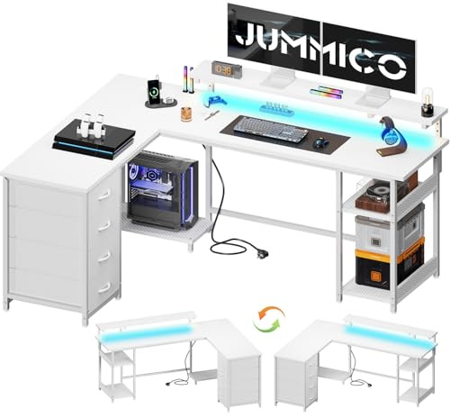 JUMMICO 155cm L‑Shaped Gaming Desk with Monitor Shelf & Power Outlets, Reversible Corner Computer Desk with Drawers & Storage Shelves for Home Office, Sturdy Steel Frame with LED Lights, White