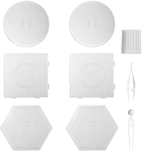Molirex Bügelperlen Platten 5mm, 6 Stück Bügelperlen Vorlagen Set mit 2 Quadrat 2 Hexagon 2 Runde und Hilfswerkzeuge, Kunststoff Transparente Bügelpapier Schablonen Steckplatten für DIY Handgefertigt