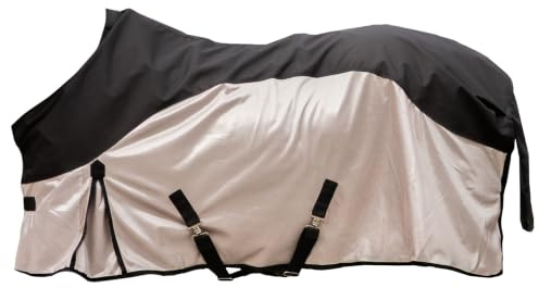 AMIVARO DryGuard Fly Regen-Fliegendecke 145 cm – wasserdichte 600D Mesh-Regendecke mit Kreuzgurten, Gehfalte, Schweiflatz, Beige/Schwarz