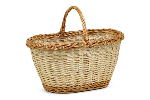 Cesta para Setas Clara Hecha en España - Cesto de Mimbre Natural con Borde Trenzado y Asa para Recolección de Setas, Boletus y Rebollones - 48x32x25/38 cm - Artesanal