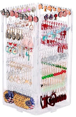 17Dec 360 Rotating Earring Holder Organizer Stand,5 Tiers Acrylic Jewelry Organizers and Storage,Stud Earring Organizers and Storage,212 Holes and 212 Grooves for Earrings Necklaces chain bracelet
