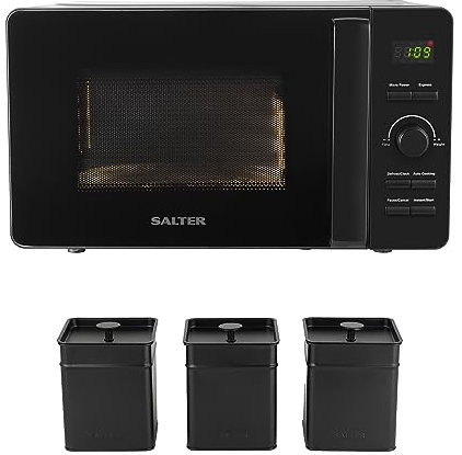 Salter COMBO-8858 Kuro Microwave and Canister Set – 20L Digital Freestanding Solo Microwave Oven, Carbon Steel Tea/Coffee/Sugar Storage Tins, LED Clock Display Screen, Time/Weight Dial, 800W, Black