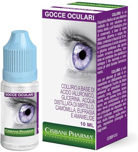 CISBANI PHARMA Collirio Occhi Secchi, 10 ml a base di acido ialuronico con Mirtillo, Camomilla, Eufrasia e Amamelide. Ideale per Rossori, Gocce oculari in Soluzione Salina