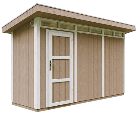 Gartenhaus Premium Qualität 4,3m² - L161xW411cm- All-Inclusive-Set mit Boden, Bitumen-Dachziegeln, Farbset- Hochwertiger Geräteschuppen aus Holzwerkstoffplatten LP Smartside - M902 Terra Brown