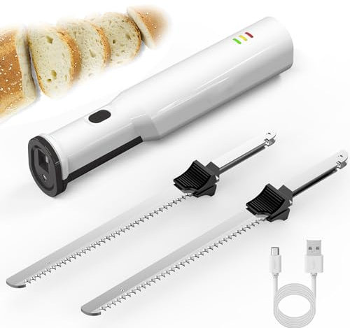 OmePS Cuchillo de trinchar eléctrico inalámbrico, Inicio rápido 1S, fácil de Usar con botón de Bloqueo de Seguridad, con 2 Cuchillas dentadas de Acero Inoxidable de 8 Pulgadas, liberación de gatillo