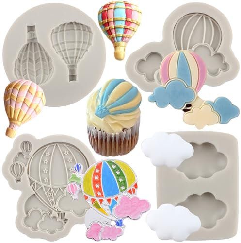 MYPRACS Hot Air Balloon Silicone Fondant Moulds for Cake Decorating Cupcake Topper Candy Chocolate Polymer Clay Gum Paste Set of 4