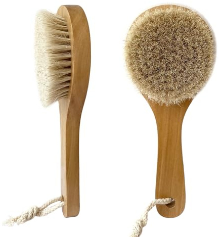 UPTALY 2 Stück 20 cm Rosshaarbürsten (kleiner runder Kopfdurchmesser: 8 cm), mit Buchenholzgriff, ganzes Stück Massivholz ohne Spleißen, natürliche Körperbürste, kurzer Griff, Duschbürste