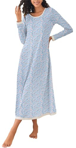 Ekouaer Nattlinne för damer, långärmad elegant sovskjorta, mjuk sovklänning, långa nattskjortor, kontrastfärg, nattklänning, lös sovkläder, S–XXL, Blåa blommor, L