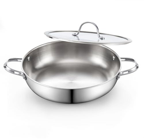 Cooks Standard Sartén de acero inoxidable con revestimiento de tres capas con tapa de vidrio, sartén profunda grande de acero inoxidable de 12 pulgadas, sartén de chef de uso diario, utensilios de