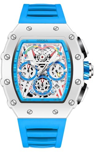 DAXIAOYU Reloj de pulsera Tonneau con esqueleto hueco para hombre, casual, multifuncional, correa de silicona, impermeable, de cuarzo, Azul, Lujo