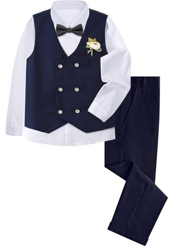 mintgreen Boys Suits, Kids Wedding Outfit Gentleman Waistcoat Long Sleeves Clothes Set, Navy Blue, 11-12 Years, 160