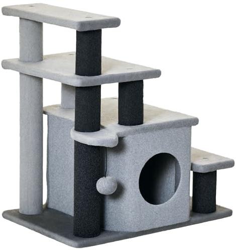 PawHut Scaletta per Cani con Gradino Rimovibile, Pallina Giocattolo e Area Interna, Scalini per Cani in Truciolato, Peluche e Sisal, 60x40x66 cm, Grigio