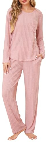 Vlazom Pyjamas for Women, Ladies 2 Piece Outfits Loungewear Sets Soft Ribbed Leisure Suits Pyjamas Set Long Sleeve Jumpers and Wide Leg Pants with Drawstring & Pockets Dusky Pink,S