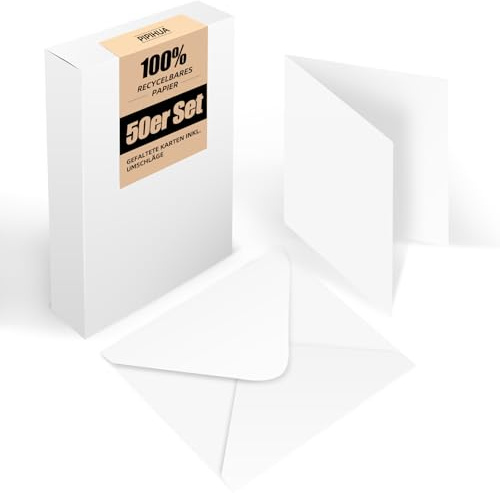50er Set Quadratische Klappkarten Blanko mit Umschlag: Klapp-Karten zum Selbstgestalten, Beschriften oder Bedrucken für Grußkarten, Hochzeitseinladungen, Postkarten und Handgemachte Karten - Weiß