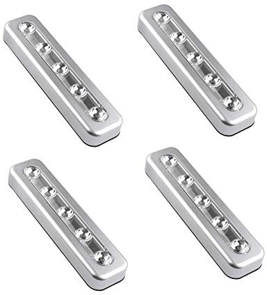 WeFoonLo Pack von 4, DIY Stick-on 5 LED-Touch-Tap-Leuchten Akku-Push-Licht für Schränke, Schränke, Schrank, Flur, Treppen, Dachböden, Garagen, Auto, Schuppen, Abstellraum (Silber)