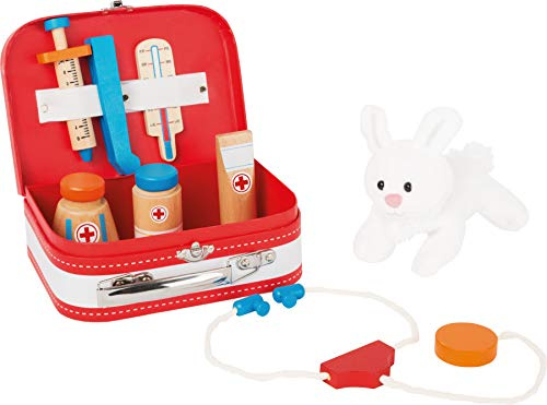 small foot 10864 Valise de vétérinaire en bois , avec accessoires (seringue, thermomètre, etc.) et lapin en peluche, à partir de 3 ans, Bleu