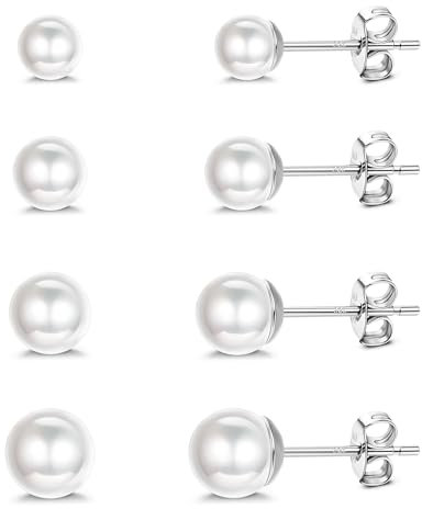 Finrezio 4 Paare Perlenohrringe Silber 925 Damen Ohrstecker Set Weiße Perlenohrstecker für Damen Mädchen Süßwasser-Zuchtperlen Ohrringe 4-7MM