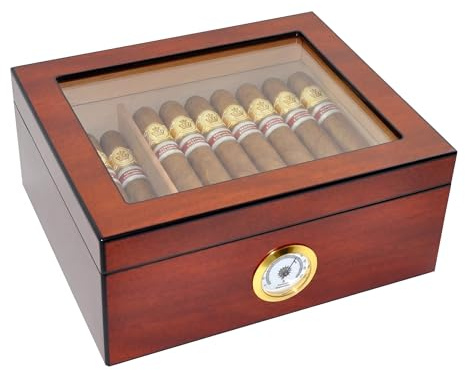 DUCIHBA Zigarren Humidors Aufbewahrung 25-50 Zigarren Box, gehärtetes Glas Top Display, Handarbeit Spanisches Zedernholz Zigarrenetui mit Trennwand, Luftbefeuchter und Hygrometer, Geschenk für Mann,