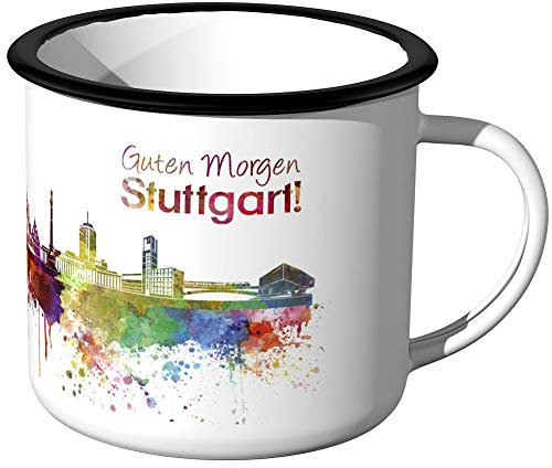 JUNIWORDS Emaille-Tasse, Guten Morgen Stuttgart, Skyline Aquarell, Silberner Tassenrand